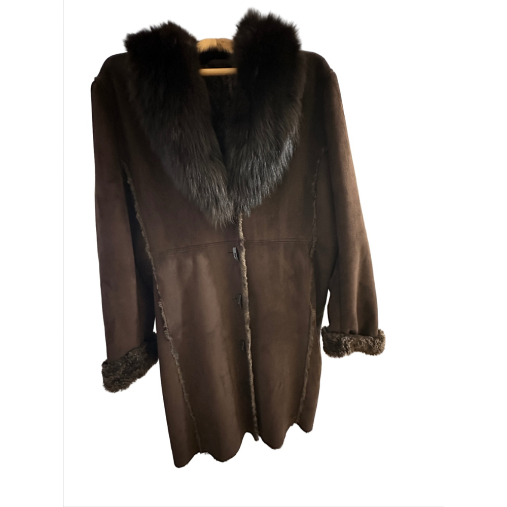 Wilsons Leather Faux Shearling Coat w/ Genuine Fox Fur Collar XL - Picture 2 of 11